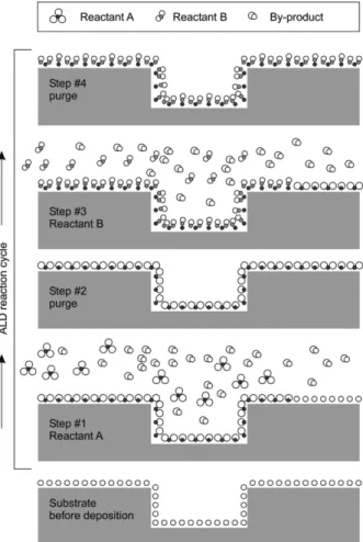 Fig. 2. Schematic illustration of one ALD reaction cycle, Reproduced with permission [20], Copyright 2005, AIP Publishing LLC.