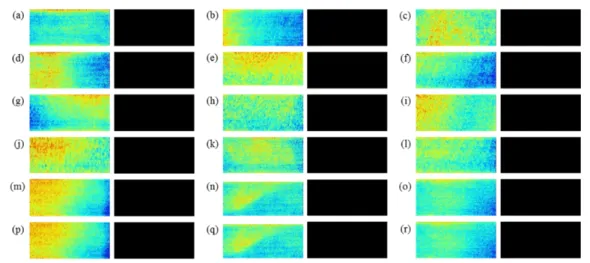 Fig.  8 The  lock-in  amplitude  and  binary  images  obtained  from  EMCs  without  any  subsurface  micro  voids:  Subfigures  (a)  to  (r)  show  the  test  results  from  EMC  19  to  EMC  36,  respectively