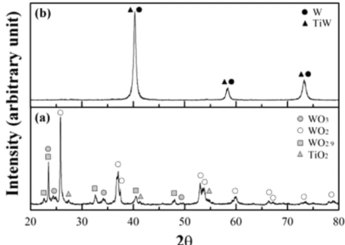 Fig. 4. SEM images of WO 3 -TiH 2  powder mixture, heat-treated at 800 o C in (a) Ar and (b) H 2  atmosphere.