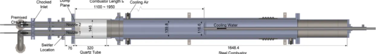 Fig. 1. Cross section of lean-premixed, swirl-stabilized two-nozzle rig for self-excited combustion instability measure-
