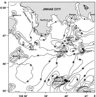 Fig. 2. Bottom topography around the study area. Contour  numbers show depths (m).