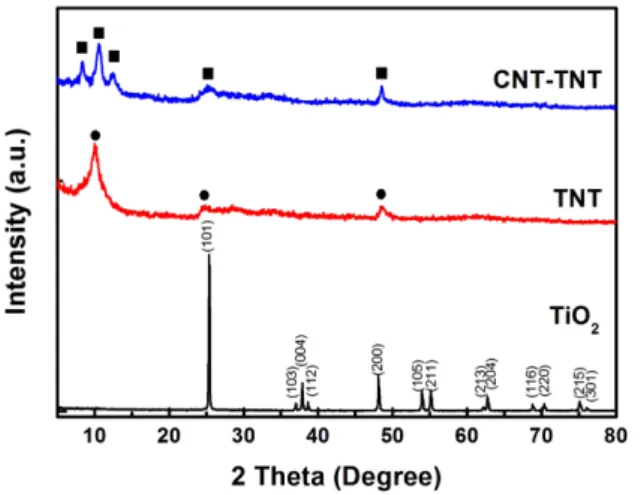 Fig. 2. XRD patterns of raw TiO 2 , as-synthesized TNT and CNT-TNT composite.