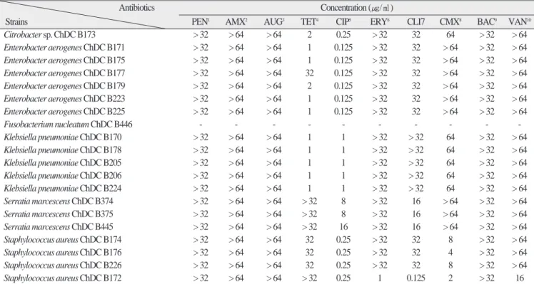 Table 4. Minimum inhibitory concentration of several antibiotics for species isolated from the post operative maxillary cyst lesions.