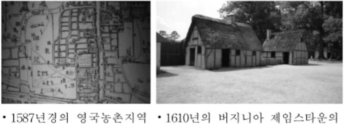 Figure 1. English Town in 1587 and Jamestown Settlement in 1610 5) 한편, 1607년 제임스포트(James Port)내의 주택은 목 조 흙집구조(Mud and Stud Structure)이었는데 이는 화 재에 취약했기 때문에 화재로부터의 안전성을 확보하기 위해 1660년 벽돌조 주택을 건립했으며, 거주성의 확보 아 화재로부터의 안전성을 확보하기 위해 약 70년간에 걸쳐 목구조주택(Early Frame H