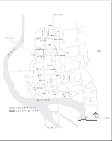 Figure 2. Roads and Alleys of Traditional Urban Area(Seongan -dong) after destruction of Cheongju castle at 1915년(1906)의 5일간 홍수로 인하여 기존의 석교동 상설시장과 우시장이 유실되어 남주동으로 옮겨오면서부터이다.10)남문 밖 주거지는 가장 외곽의 구 상당로 일부 구간 동측으로 형성되면서, 동문에서 나와 보은 방향으로 가는 석탑길에 이르기까지 점차 확장되어 갔