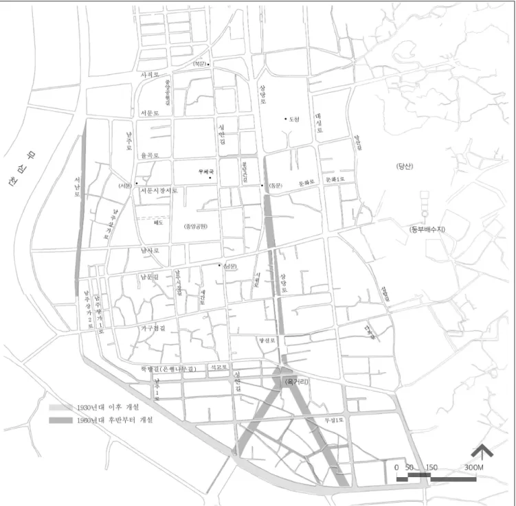 Figure 3. Roads and Alleys of Traditional Urban Area(Seongan-dong) in Late 1960s Cheongju 이와 같은 구상 하에 가로망이 재편성됨으로 인하여 기정(旣定) 가로의 일부가 위치, 폭원, 연장 등에서 변동 이 있었다