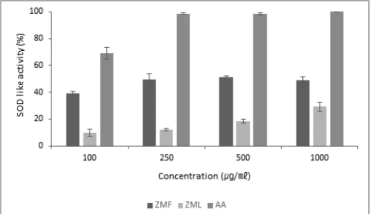 Fig.  3.  SOD  like  activity(%)  of  depending  on  concentration  from  extracts  of  Zingiber  mioga