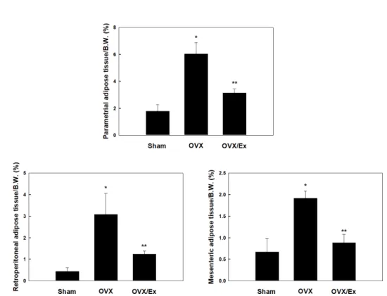 Fig.  1.  Effects  of  exercise  on  adipose  tissue  mass  in  high-fat  diet-fed  female  ovariectomized  mice