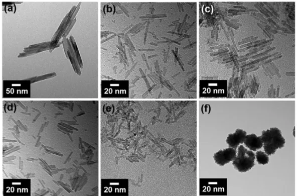 Fig. 3. TEM images of  β-FeOOH with different length: (a) 313 nm, (b) 155 nm, (c) 96 nm, (d) 53 nm, (e) 17 nm, (f) aggregated α- α-Fe 2 O 3  30-50 nm.