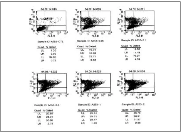 Fig. 2. Results of FACS of A253(A) and HSC-3(B); Apoptotic portion was increased in a dose dependent manner.