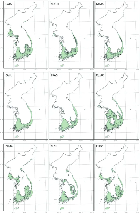 그림 4-1. RCP 4.5의 2050년 난대성 상록활엽수의 잠재서식지 변화