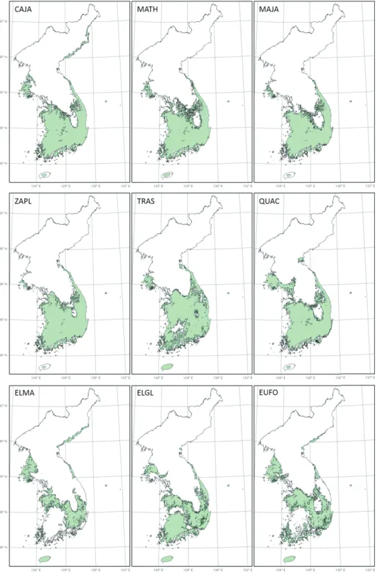 그림 4-2. RCP 4.5의 2070년 난대성 상록활엽수의 잠재서식지 변화