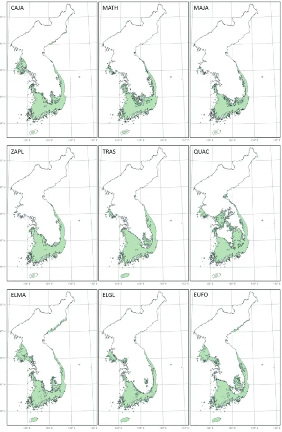 그림 5-1. RCP 8.5의 2050년 난대성 상록활엽수의 잠재서식지 변화