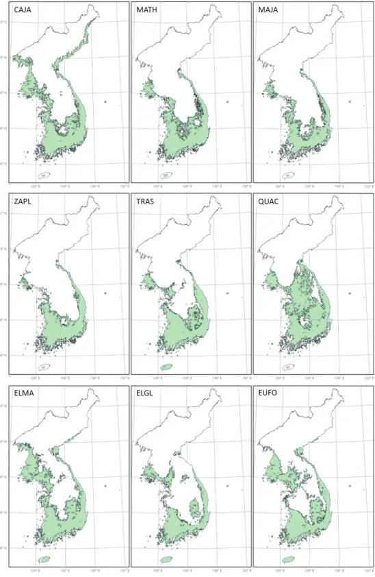 그림 5-2. RCP 8.5의 2070년 난대성 상록활엽수의 잠재서식지 변화