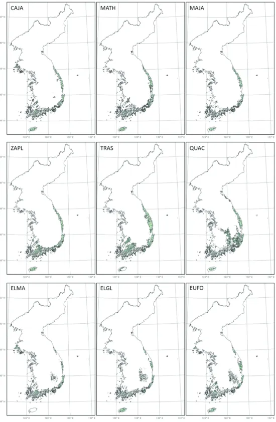 그림 2. 난대성 상록활엽수의 토지이용을 고려한 잠재서식지