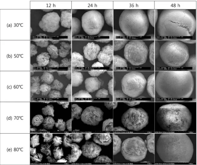 Fig. 4. SEM images of the precursor powders prepared for various times at different co-precipitation temperatures.