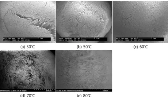 Fig. 6. SEM images of positive electrode materials from precursors with different co-precipitation temperatures.
