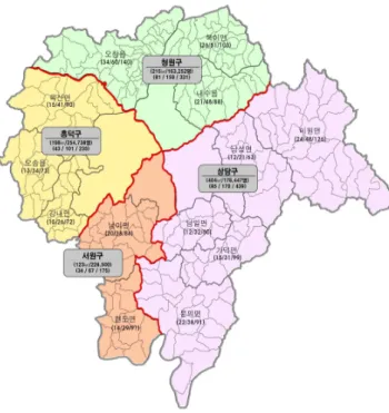 Fig. 1 Administrative District in the Integrated Cheongju City (2014)-(number of legal Ri/Administrative Ri/Rural Settlement)달리 마을의 안팎과 대소(大小)를 나타내는 위치 관련 지명어, 그리고 유형분류가 힘든 자연마을들에 대해서는 기타로 구분하였다.(Table 2 참조)2