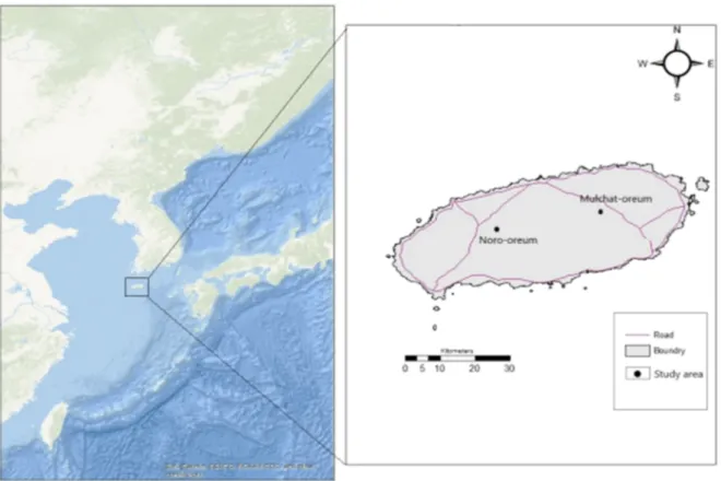 Fig. 1. The location of study site in Mt. Halla(Left: Noro-oream, Right: Mulchat-oream on Jeju island map).