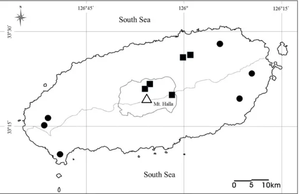 Fig.  4.  Finding  and  recording  sites  of  hibernation  of  M.  schreibersii.  Circles  and  squares  indicate  the  finding  sites  in  this  study  and  those  previously  recorded,  respectively.