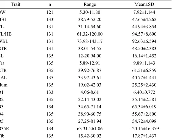 Table  3.  External  morphological  characters  of  M.  bombinus  in  Jeju  island. Trait 1 n Range Mean±SD