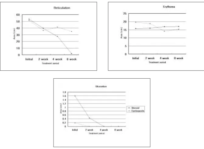 Fig. 2. The changes of the sizes in the lesions. Each type of lesion (reticulation, erythema, and ulceration) was considered separately.