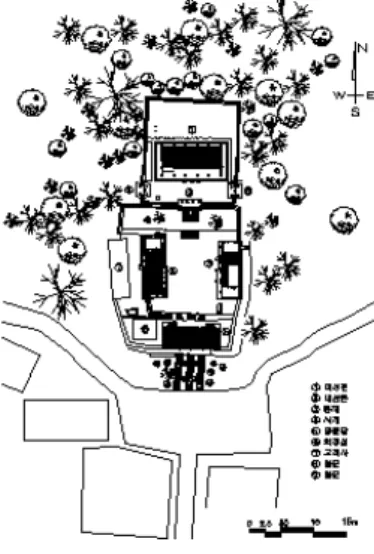 그림 6. 인제향교의 배치도 그림 7. 횡성향교의 배치도 그림 8. 홍천향교의 배치도강학공간의 건물배치 유형은 전재후당(前齋後堂)형으로명륜당이 약간 후면에 위치하고, 동․서재가 그 측면과 전면에 위치하고 있는 것이 특징이다(그림 6 참조).(7) 횡성향교조선시대의 군현체계에서 횡성은 현(縣)에 해당되는 지역으로 구성되었으며, 횡성향교는 경사진 지형을 이용하여3단으로 정지한 후 남향으로 높게 축조된 첫째 단에는 외삼문 기능을 겸비한 누하진입식의 명륜당을 전