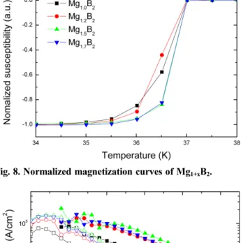 Fig. 8. Normalized magnetization curves of Mg 1+x B 2 . 