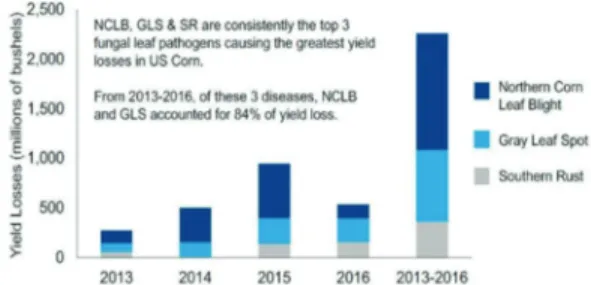 Fig. 1. Reduction in yield due to vegetable diseases from  2013 to 2016 [1]  따라서  본  논문에서는  드론을  이용해서  넓은  농경지의  영상을  촬영하고  딥러닝으로  이를  분석하여  노동력  소요 를  줄이고,  농업  종사자들에게  식물의  이상을  조기에  탐 지하고  대처할  수  있도록  정보를  제공하는  시스템을  개 발한다