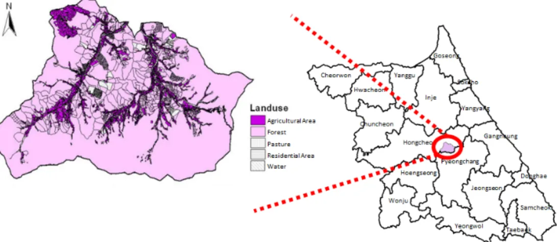 Fig. 1. The Location and Landuse of Jawoon-ri Watershed.지표에 낙하될 때의 에너지로 환산하는 복잡한 계산과정을 거치게 되며,  계산과정에는 편의보정 방법이 사용된다.본 연구의 목적은 1)  기후변화 시나리오와 편의보정을 통해 강우에너지인자(R)를 연도별로 추정하여 과거 30년과 미래 30년의 R-Factor  값과 토양유실량을 산정하고 비교･분석 하는 것이며, 2)  이를 통해 미래 해당 유역의 토양유실량을 산