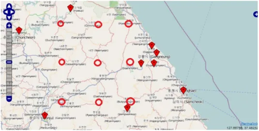 Fig. 2. The Weather Stations and Observatories for Climate Change Scenarios. 하였다 . http://knu.envsys.co.kr/~weather/의 KMA  Climate Change를  이용해  기후변화  시나리오를  예측했다 