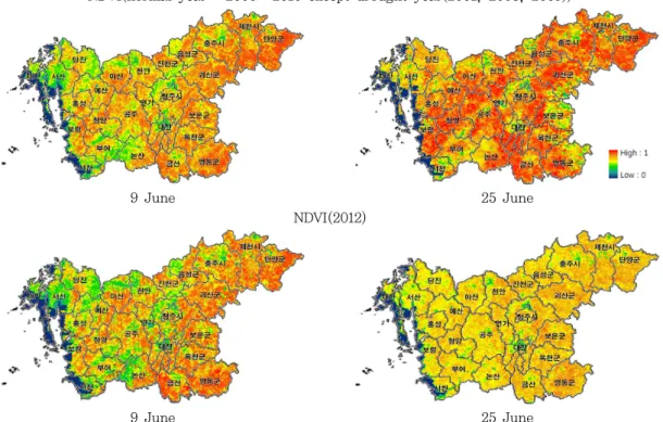 Fig. 6. Estimation of June 2012 Drought in Chungcheong-do(NDVI).