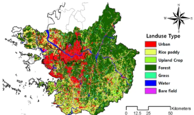 Fig. 1. Flowchart of This Study. Fig. 2. Landuse Map by Minister of Environment.(RUSLE)에 의한 토양유실을 분석 및 예측하고자 하였다