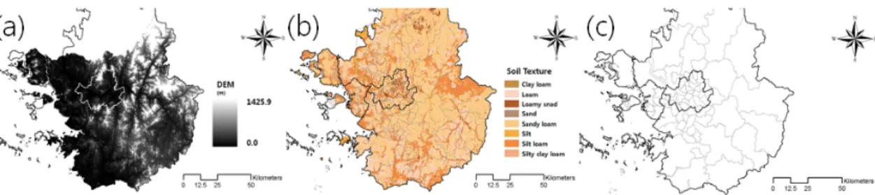 Fig. 3. The Input Data: (a) DEM, (b) Soil Map, (c) Political Boundary Map. 양침식인자를 나타내며 , L은 사면길이 인자 , S는 경사인자, C는 식생피복인자, P는 토양 보전대책인자이다 
