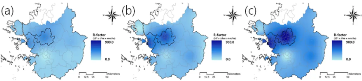 Fig. 5. Distribution Map of Precipitation: (a) 2000s, (b) 2040s, and (c) 2080s.연구하였다.  따라서 본 연구에서도 LARS-WG를 이용하여 관측소별 일단위 기후시나리오를 생산하였다(Shin  et al., 2010).본 연구에서는 서울･경기 지역에서 선정된 관측소의 과거 30년(1980년-2010년)  동안의 일단위 강우량  자료를  구축하였다