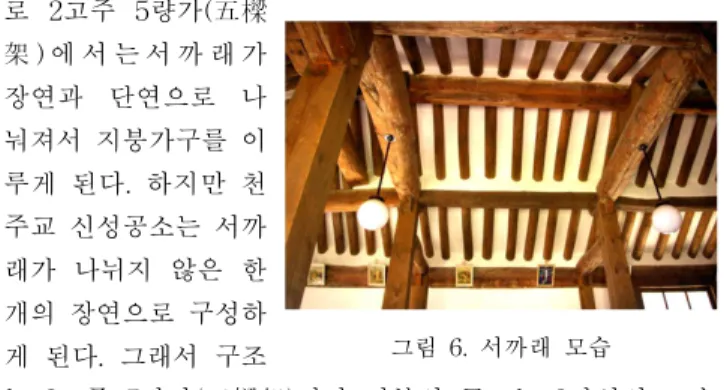 그림 6. 서까래 모습 (b) (b') 그림 5. 추녀와 종도리 접합부 상세 앙시도 조의 하중에 대한 문제를 해결하였다. 또한 우미량도 하중에 대한 고려를 하여 정면출입구부분의 우미량은 약300×300㎜의 크기로 제단부분의 약 240×240㎜보다 크게구성하게 된 것이다.3.3 추녀와 종도리의 결구, 장연 서까래지붕구조를 살펴보게 되면 형식적으로 말굽서까래의형태를 보이며 사용된 서까래는 약 Ø135의 크기로 일정한 크기와 간격으로 구성되어 있다