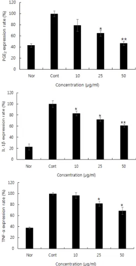 Fig.  5.  Inhibitory  effects  of  extracts  of  Lentinula  edodes extracts(LEW) on  the  production  of  nitric  oxide  Raw  264.7  cells