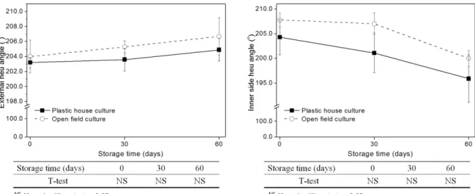 Fig. 9. Effect of cultivation methods in external and inner side hue angle of ‘ChunGwang’ kimchi cabbage grown on semi-highland in summer at 0 o C storage with film covering