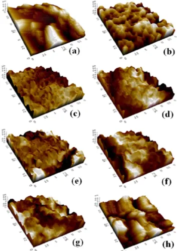 Fig. 2. 3D AFM images of Ti substrate according to etching time: (a) Without etching, (b) 1h, (c) 2h, (d) 4h, (e) 6h, (f) 8h, (g) 10h and (h) 12h.