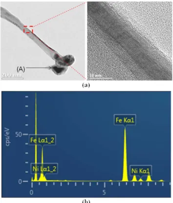 Fig. 8. TEM and EDS results of carbon nanotubes: (a) TEM and (b) X-ray spectrum from the nanoparticle indicated at arrow A.