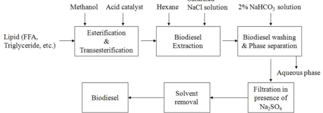 Fig.  4.  Block  diagram  biodiesel  production  by  using  acid  catalyzed  esterification  and  transesterification[62].