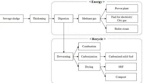 Fig.  1.  Sewage  sludge  treatment  process. 알아보고  열분해,  에스테르전환,  초임계  공정을  통한  액상  바이오연료화  기술과  연료  특성에  대 해  알아보고자  한다