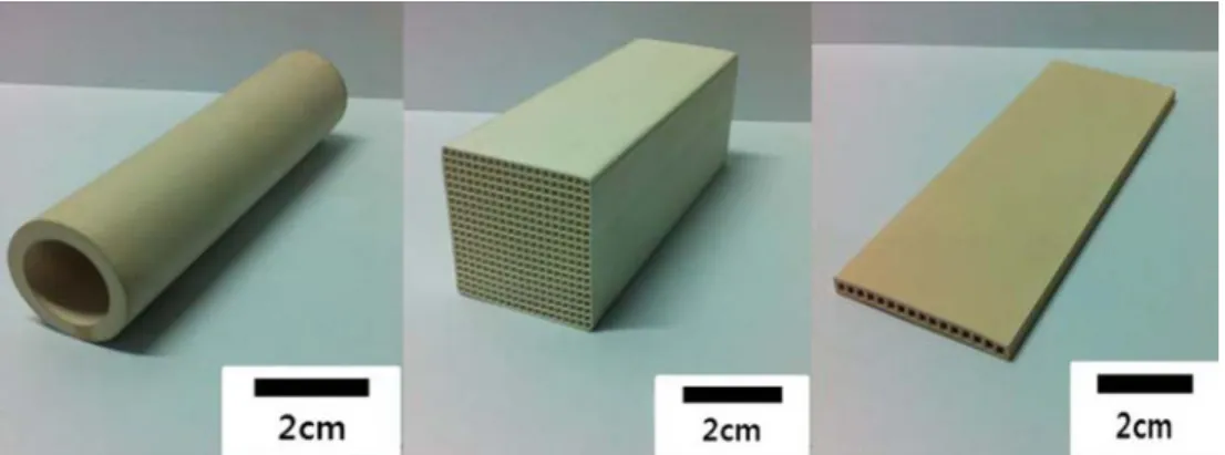 Fig. 10. Morphology of a sintered ceramic support filter for water treatment fabricated by KIMS (tube, honeycomb and flat tube shape).
