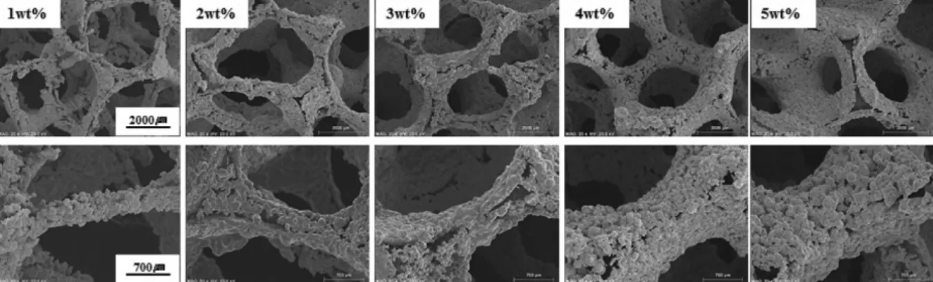Fig. 9. Low and high magnification SEM images of Fe foams fabricated by slurry coating process with different binder contents.