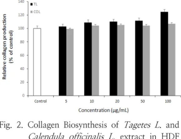 Fig.  2.  Collagen  Biosynthesis  of  Tagetes  L.   and  Calendula  officinalis  L.   extract  in  HDF  cells.