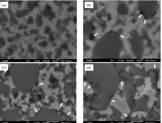 Fig. 6 shows optical micrographs showing the indenta- tion edge and crack path resulted from Vickers  indenta-tion at 100 kg load for M1, M2 and M3 sintered compacts, and 60 kg load for M4 sintered compact