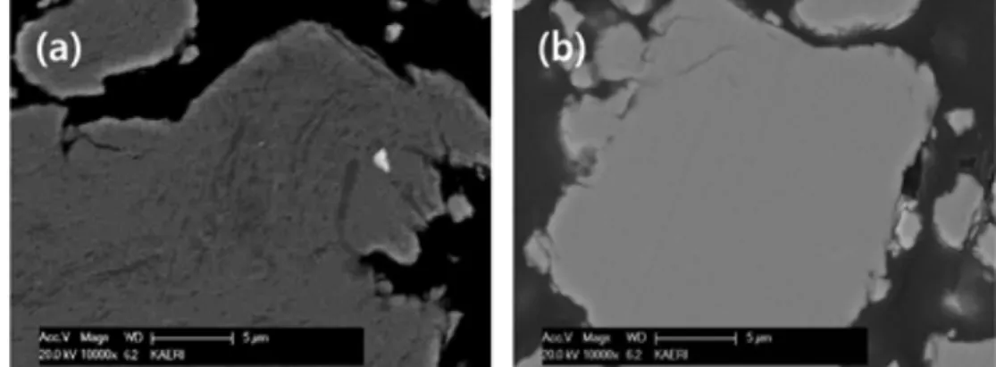 Fig. 1. SEM images of Fe-based powders with different mechanical milling times: (a) 10 min, and (b) 90 min