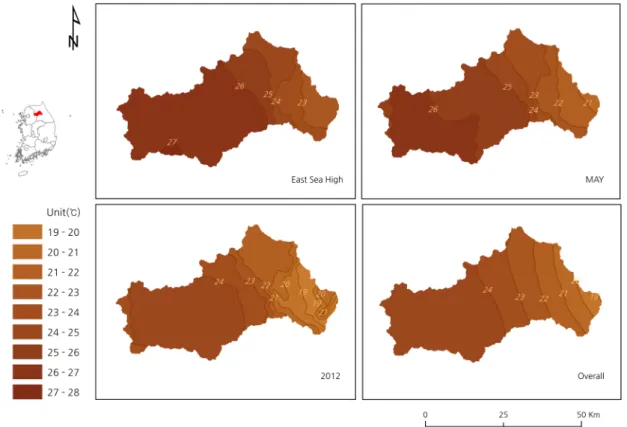 Figure 6. Temperature distribution map per Foehn occurrence. 푄 발생 사례별 기온분포도
