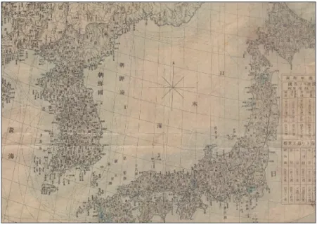 Figure 1. Separating and naming the sea between Korea and Japan. 동해 수역의 분리와 명칭 부여(b) Names used in a Japan-China-Korea map published in Japan (1894) 