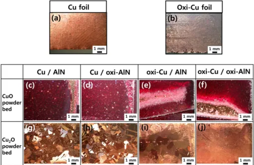 Fig. 3. Optical micrographs of copper film surface: (a) as-received, (b) after oxidation at 300 o C, (c) and (g) Cu/AlN, (d) and (h) Cu/oxi-AlN, (e) and (i) oxi-Cu/AlN, (f) and (j) oxi-Cu/oxi-AlN specimens, heat-treated in CuO and Cu 2 O powder bed, respec